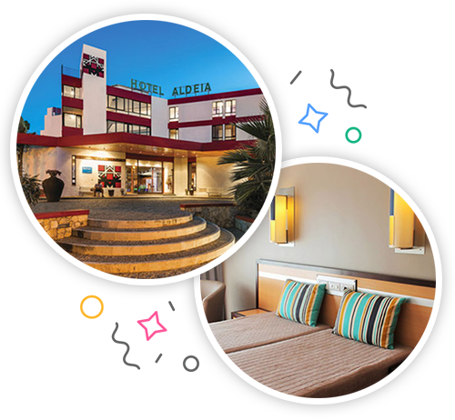 The outside of Hotel Aldeia and the inside of a hotel room with two beds embedded within a party themed introduction image to stag accommodation in the Algarve