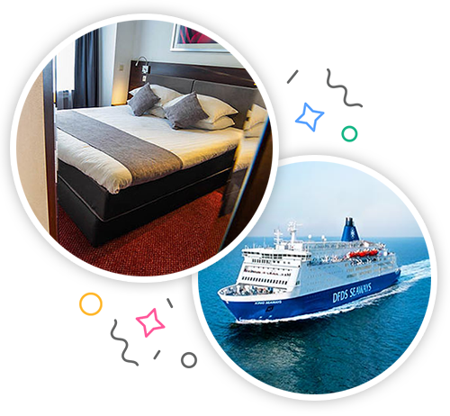 A double bed and a cruise embedded within a party themed introduction image to stag accommodation in Amsterdam 