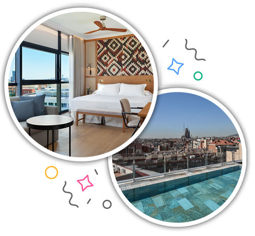 A hotel room with lots of natural light and a rooftop swimming pool embedded within a party themed introduction image to stag accommodation in Newcastle