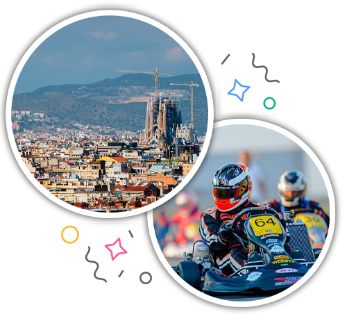 The city of Barcelona and two men taking part in go karting embedded within a party themed introduction image to stag activities in Barcelona