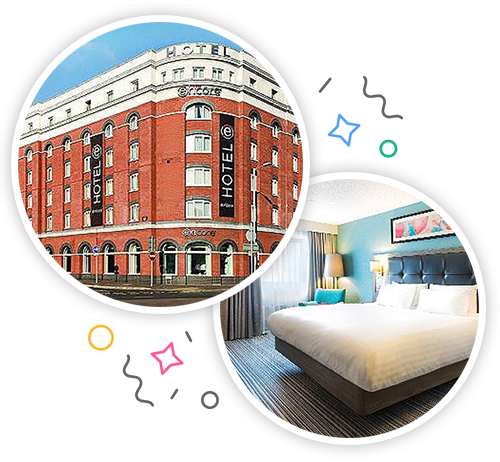 The outside of a grand looking hotel in Belfast and the inside of a hotel with a large double bed in it embedded within a party themed introduction image to stag accommodation in Belfast 