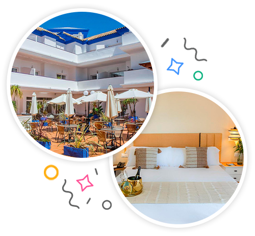 A hotel that has a terrace with chairs and tables on it and a hotel room with a double bed embedded within a party themed introduction image to hen accommodation in Benalmadena