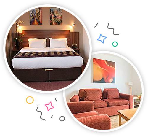 The inside of a cosy looking hotel room with a double bed and the inside of an apartment with two red sofas and some artwork embedded within a party themed introduction image to stag accommodation in Birmingham 