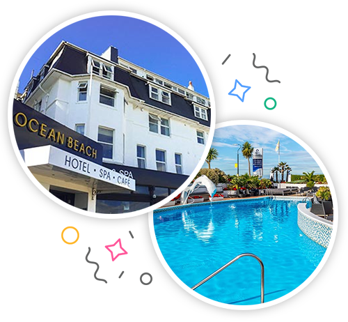 The outside of Ocean Beach hotel and an outdoor swimming pool embedded within a party themed introduction image to stag accommodation in Bournemouth