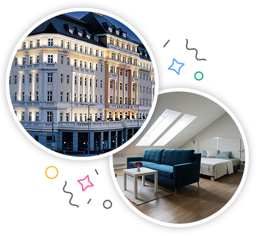 The outside of a large grand looking hotel in Bratislava and the inside of an apartment with a double bed and a sofa embedded within a party themed introduction image to stag accommodation in Bratislava 