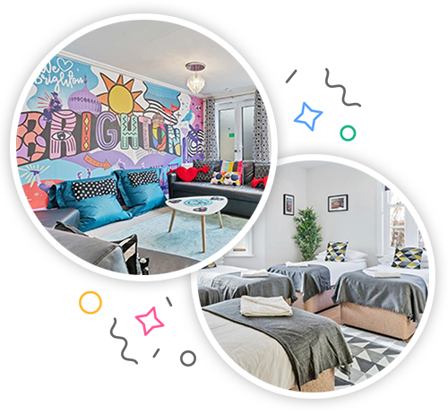 The inside of the living room of a colourful apartment with a mural that says Brighton and the inside of a hotel room with four single beds embedded within a party themed introduction image to stag accommodation in Brighton 