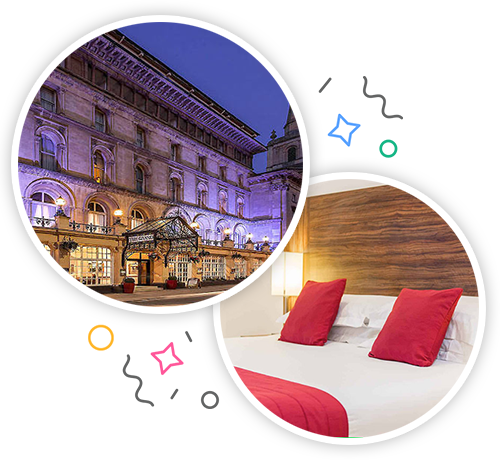 the outside of a grand hotel lit up at night and the inside of a hotel room with a double bed and red cushions embedded within a party themed introduction image to stag accommodation in Bristol
