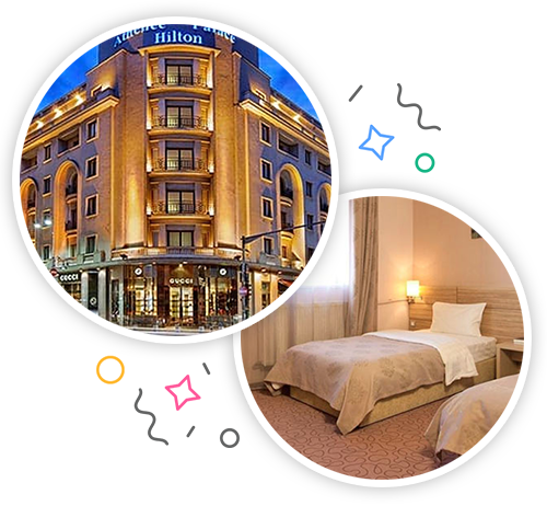 The outside of a Hilton hotel in Bucharest and night-time and the inside of a hotel room with twin beds embedded within a party themed introduction image to stag accommodation in Bucharest