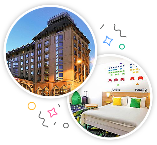  the outside of a grand hotel and the inside of a hotel room with a space invaders design on the wall embedded within a party themed introduction image to stag accommodation in Budapest