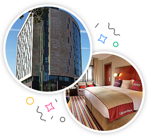 the outside of a hotel and the inside of a hotel room featuring a double bed embedded within a party themed introduction image to stag accommodation in Cardiff