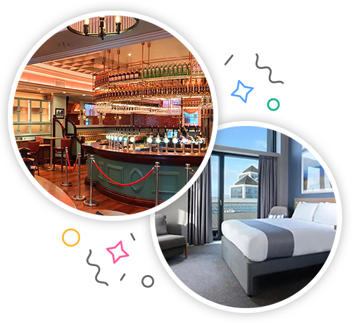 The inside of a hotel with a bar and the inside of a classy hotel room with a double bed embedded within a party themed introduction image to stag accommodation in Dublin 