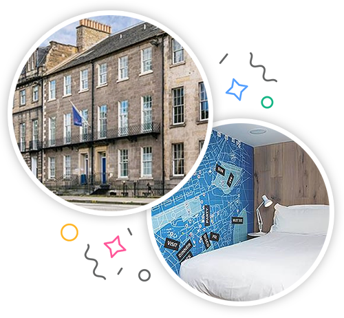 The outside of a hotel in Edinburgh and the inside of a hotel room within a party themed introduction image to stag accommodation in Edinburgh