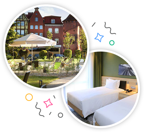 The outside of a classy hotel with a terrace and the inside of a hotel room with two single white beds embedded within a party themed introduction image to stag accommodation in Gdansk