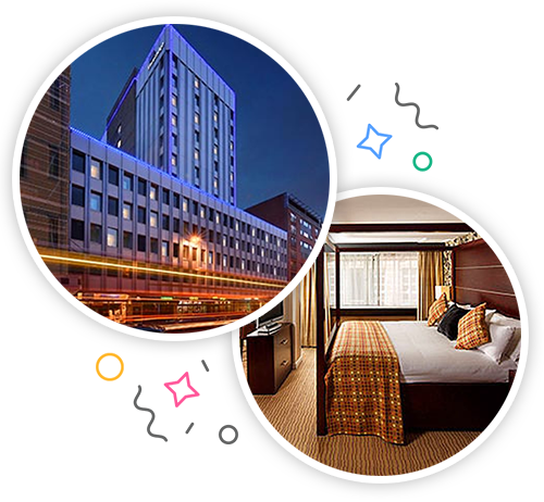 The outside of a modern looking hotel and the inside of a cosy hotel room with a double bed embedded within a party themed introduction image to stag accommodation in Glasgow
