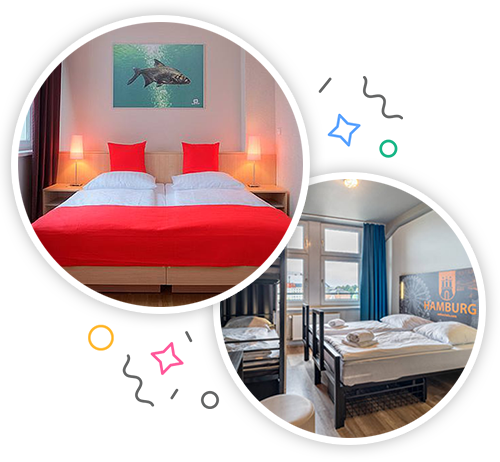 This inside of a hotel room with twin beds and a piece of wall art featuring a shark and the inside of a hostel with three white beds in it embedded within a party themed introduction image to stag accommodation in Hamburg