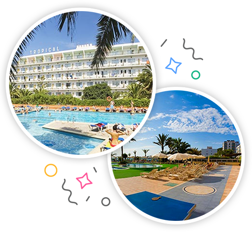 A hotel in Ibiza with an outdoor pool and another hotel with a small pool and sun loungers embedded within a party themed introduction image to stag accommodation in Ibiza