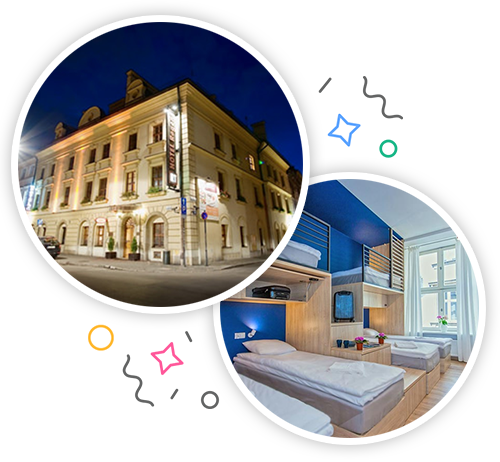 The outside of a hotel and the inside of a hotel with 6 beds embedded within a party themed introduction image to stag accommodation in Krakow 