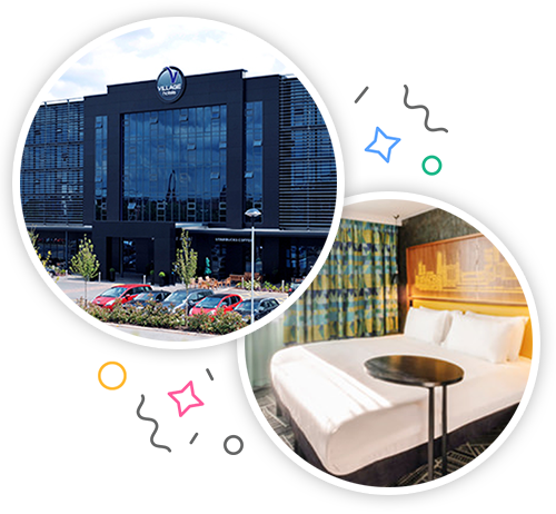 The outside of The Village hotel and the inside of a hotel room with a comfy looking bed embedded within a party themed introduction image to stag accommodation in Leeds 