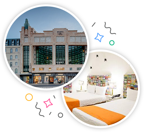 The outside of a grand hotel and the inside of a hotel room with two single beds embedded within a party themed introduction image to stag accommodation in Lisbon