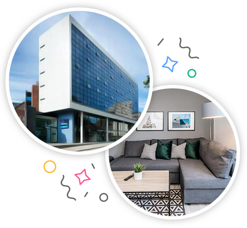 The outside of a hotel and the inside of an apartment with a sofa embedded within a party themed introduction image to stag accommodation in Liverpool 