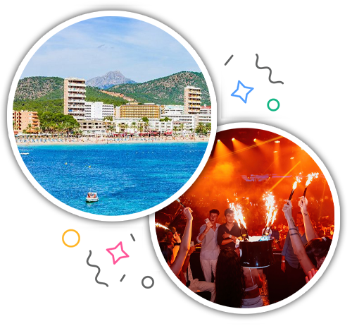 A view of Magaluf from the water and people partying in a nightclub embedded within a party themed introduction image to stag activities in Magaluf