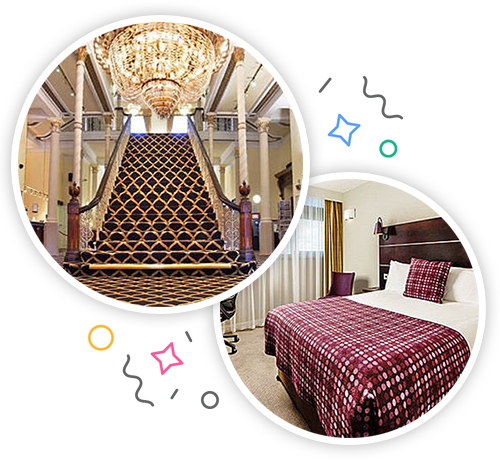 The interior of a classy hotel's lobby with a chandelier and the inside of a hotel room with a double bed embedded within a party themed introduction image to stag accommodation in Manchester 
