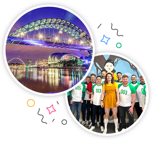 Tyne bridge at night and a stag group participating in Squid games embedded within a party themed introduction image to stag activities in Newcastle