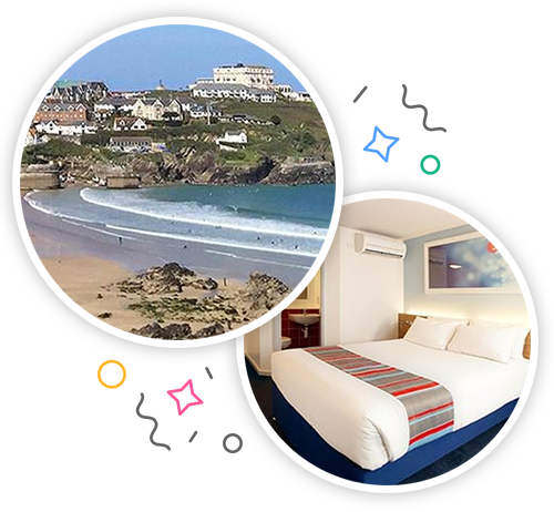 Newquay beach and the inside of a Travelodge room with a double bed embedded within a party themed introduction image to stag accommodation in Newquay