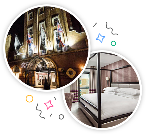 The outside of a hotel and the inside of a hotel room with a grand 4 poster bed embedded within a party themed introduction image to stag accommodation in Nottingham