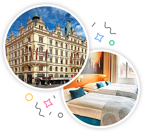 The outside of a grand looking hotel and a classy hotel room embedded within a party themed introduction image to stag accommodation in Prague