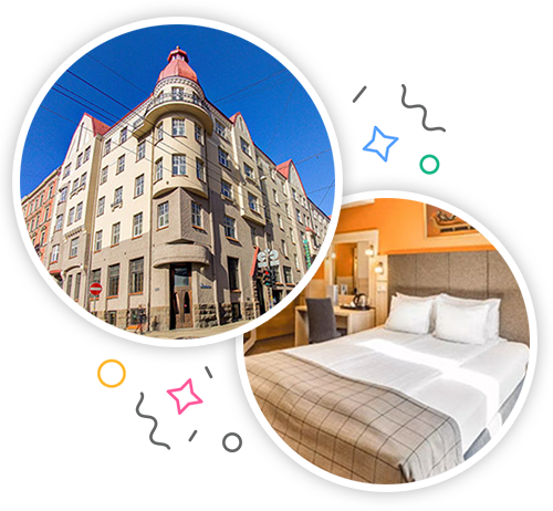 The outside of a grand-looking hotel and the inside of a hotel room with a double bed embedded within a party themed introduction image to stag accommodation in Riga 