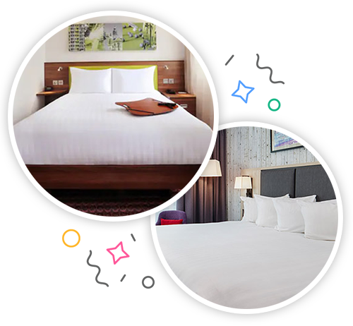Two hotel room interiors with white beds embedded within a party themed introduction image to stag accommodation in Sheffield 