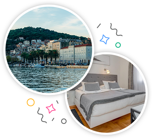 The coast of Split and a double bed in a hotel room in Split embedded within a party themed introduction image to stag accommodation in Split