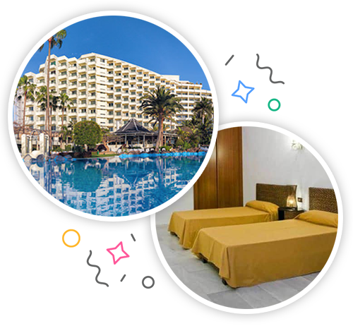 A hotel with a pool and the inside of a hotel room with twin beds embedded within a party themed introduction image to stag accommodation in Tenerife