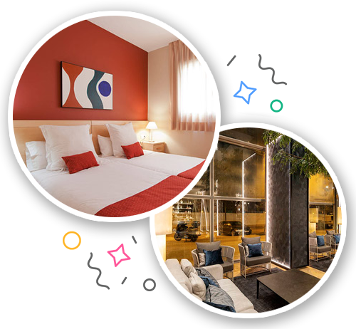 Two circular images of Valencia accommodation where one picture is a hotel room with twin beds and the other is a hotel lobby
