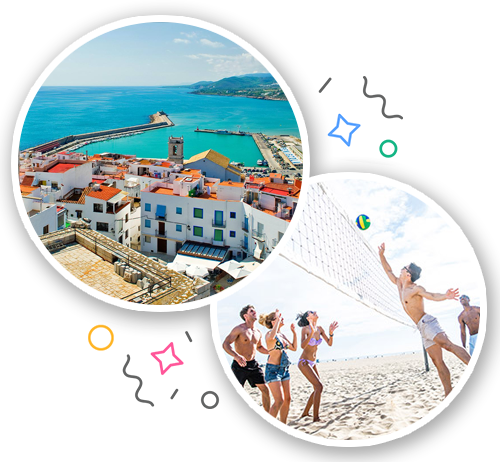 Two images in circles of Valencia one of the town which is near the sea and one of people playing volleyball