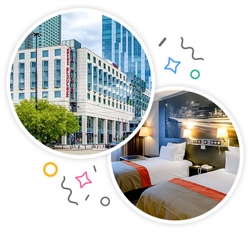 The front of a hotel and a twin hotel room in Warsaw embedded in a party graphic to show stag do accommodation in Warsaw