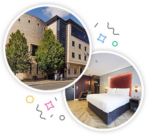 The outside of a smart hotel and the inside of a hotel room with a double bed embedded within a party themed introduction image to stag accommodation in York 