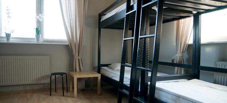 A set of bunkbeds in a hostel