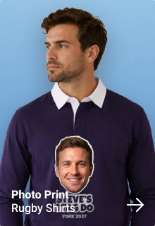 A male model wearing a custom blue footie shirt which has been personalised with a large photo of a man’s face with custom text