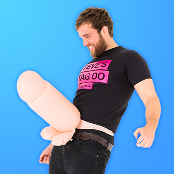 Two guys playing inflatable cock fighting.