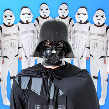 Three models wearing costumes, a gnome, storm trooper and an Opposuit.