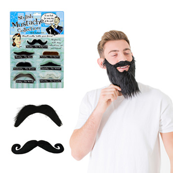 A model wearing a black bears and a selection of moustaches.