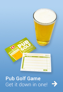 A pub golf stag do game which includes a pub golf scorecard with a caption reading Pub Golf Game Get it down in one!