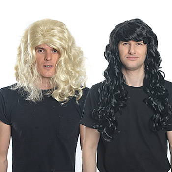 Two guys wearing wigs, one blonde and one brunette.