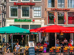People drinking on terraces of bars in Rembrandtplein