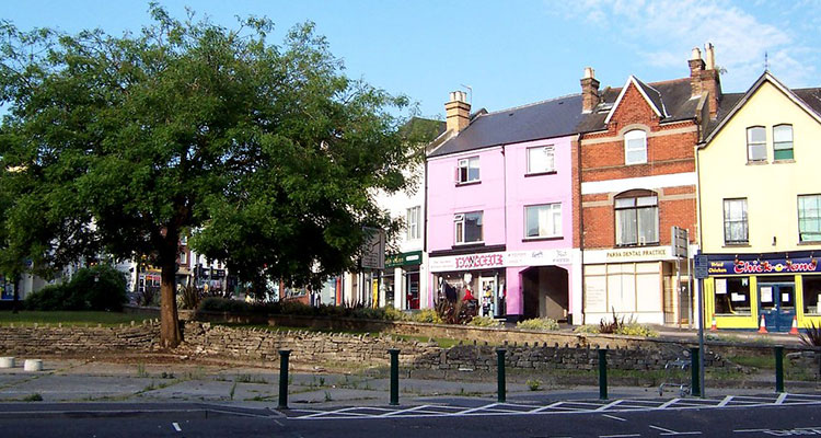 A tree-lined street with a row of shops. 