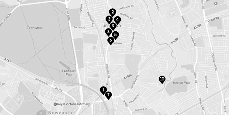 Black numbered points on a grey zoomed map of Jesmond, Newcastle