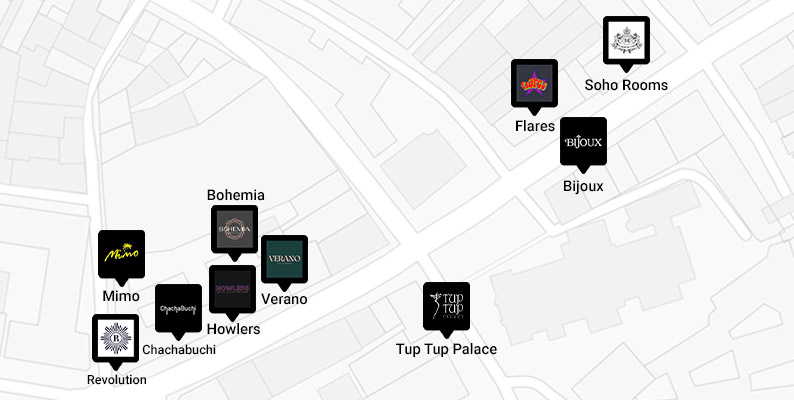 Logos of bars on points of a grey map of the Diamond Strip, Newcastle
