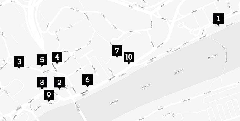 Black numbered points of bars on a grey map of the Newcastle Quayside